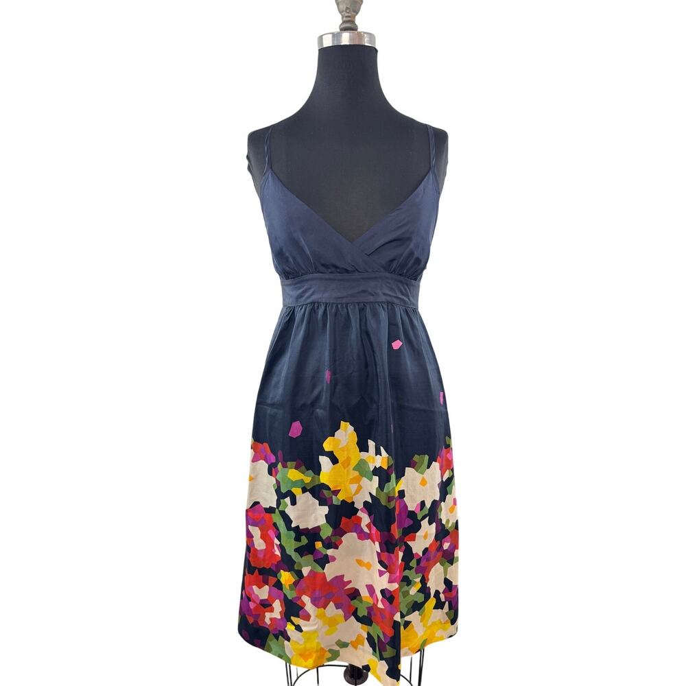 THEORY Navy Blue Fit & Flare Dress Silk Abstract Floral Spaghetti Strap Size 6